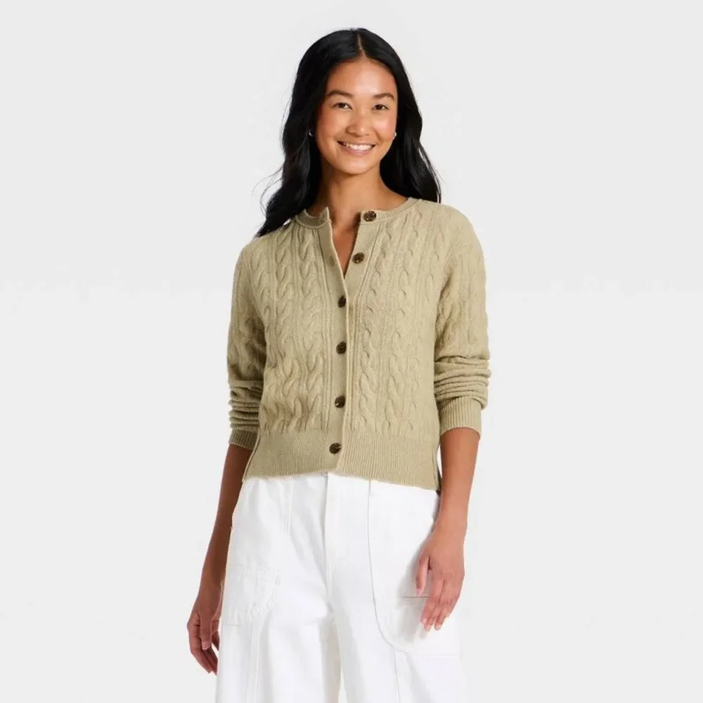 Women's Heritage Cable Crewneck Cardigan - Universal Thread Sage Green S